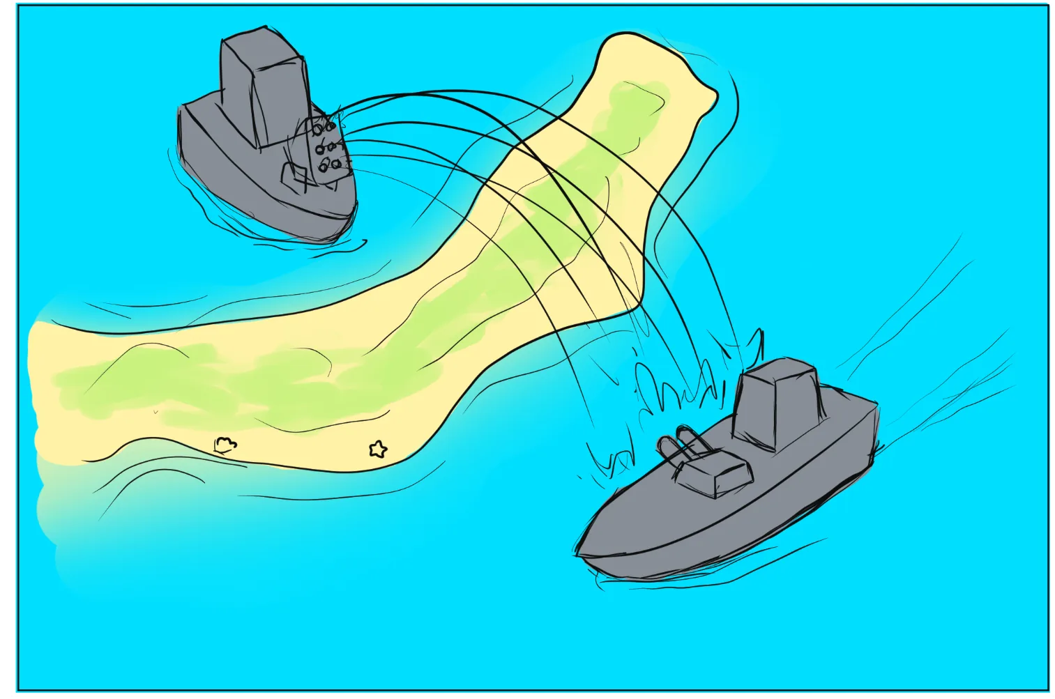 Sketch of 2 grey boats shooting volleys towards each other over a thin island.